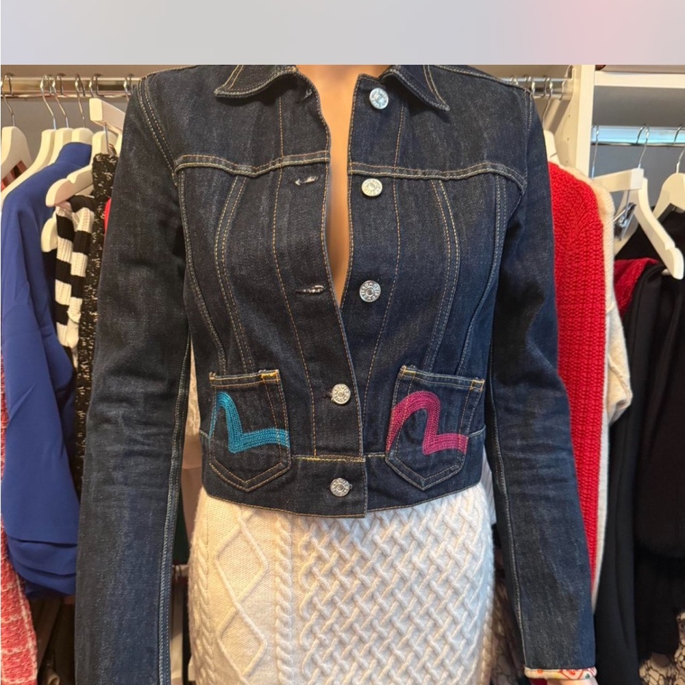 Evisu Dark Blue Jean Jacket with Pink and Blue Accents